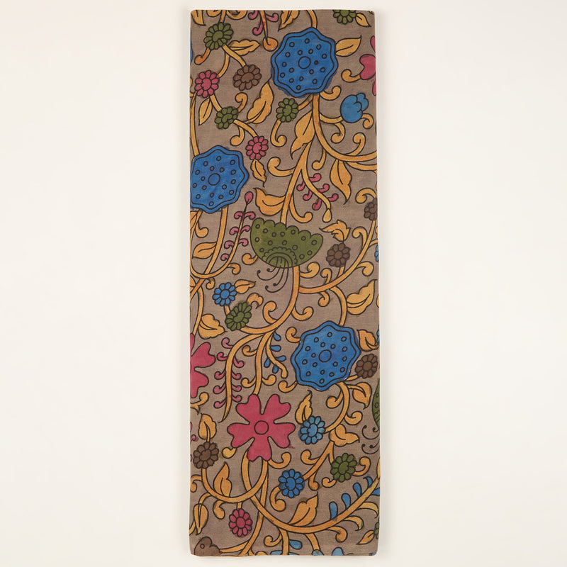 Assam Kalamkari Jaal Hand Printed Fabric In Light Grey