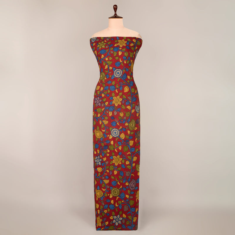 Assam Kalamkari Jaal Hand Printed Fabric In Maroon