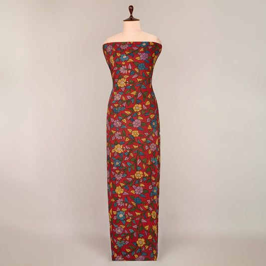 Assam Kalamkari Jaal Hand Printed Fabric In Red