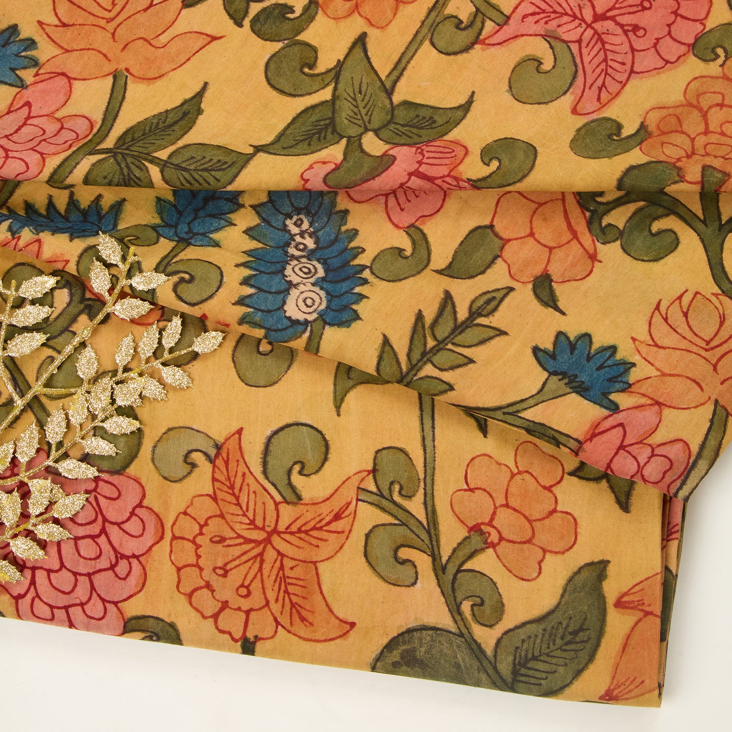 Assam Kalamkari Jaal Hand Printed Fabric In Ochre Yellow 