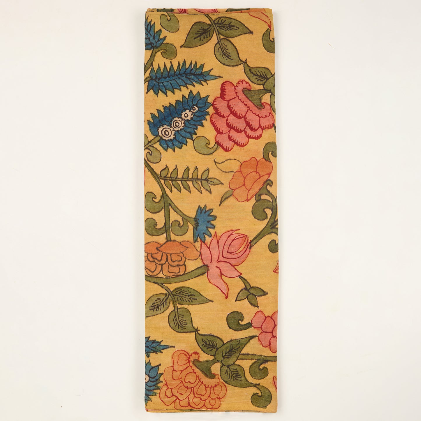 Assam Kalamkari Jaal Hand Printed Fabric In Ochre Yellow 