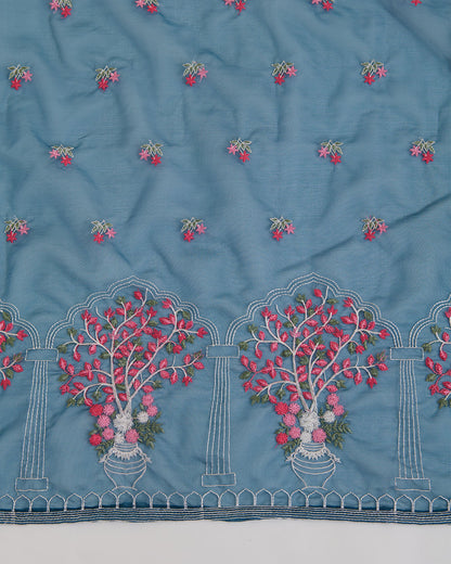 Teal Blue Art Organza Multi Resham Motif Dupatta