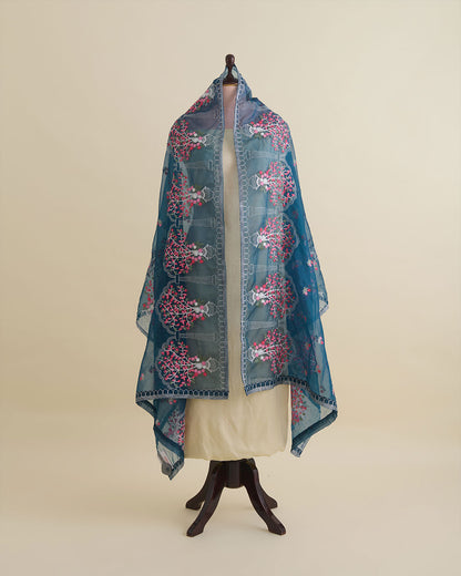 Teal Blue Art Organza Multi Resham Motif Dupatta