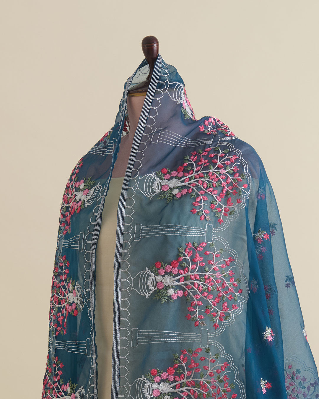 Teal Blue Art Organza Multi Resham Motif Dupatta