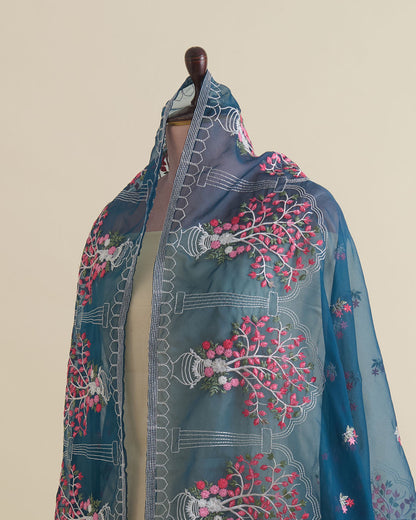 Teal Blue Art Organza Multi Resham Motif Dupatta