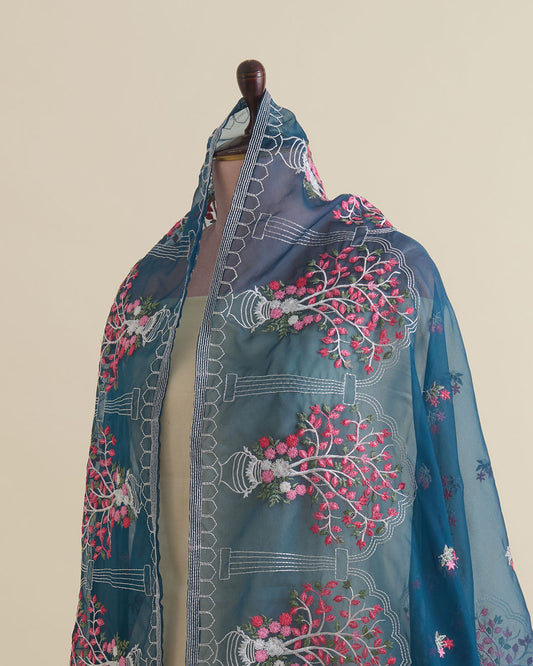 Teal Blue Art Organza Multi Resham Motif Dupatta