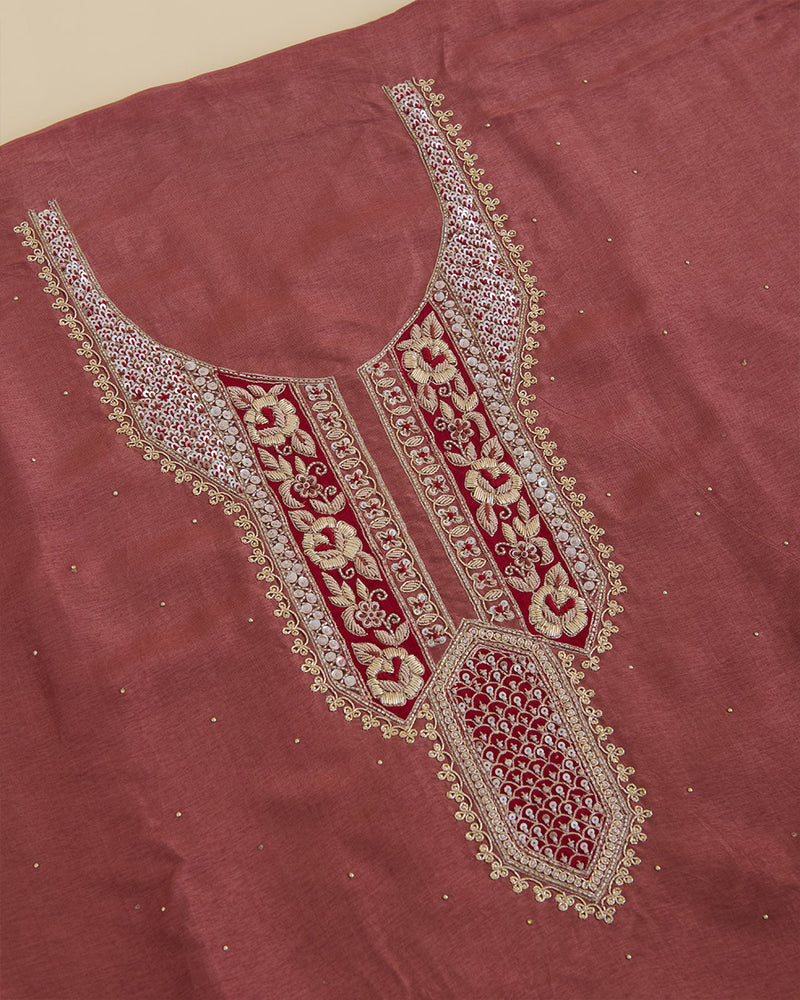 Art Dupion Suit with Zardozi, Sequin & Cutdana Work and Organza Dupatta Marsala