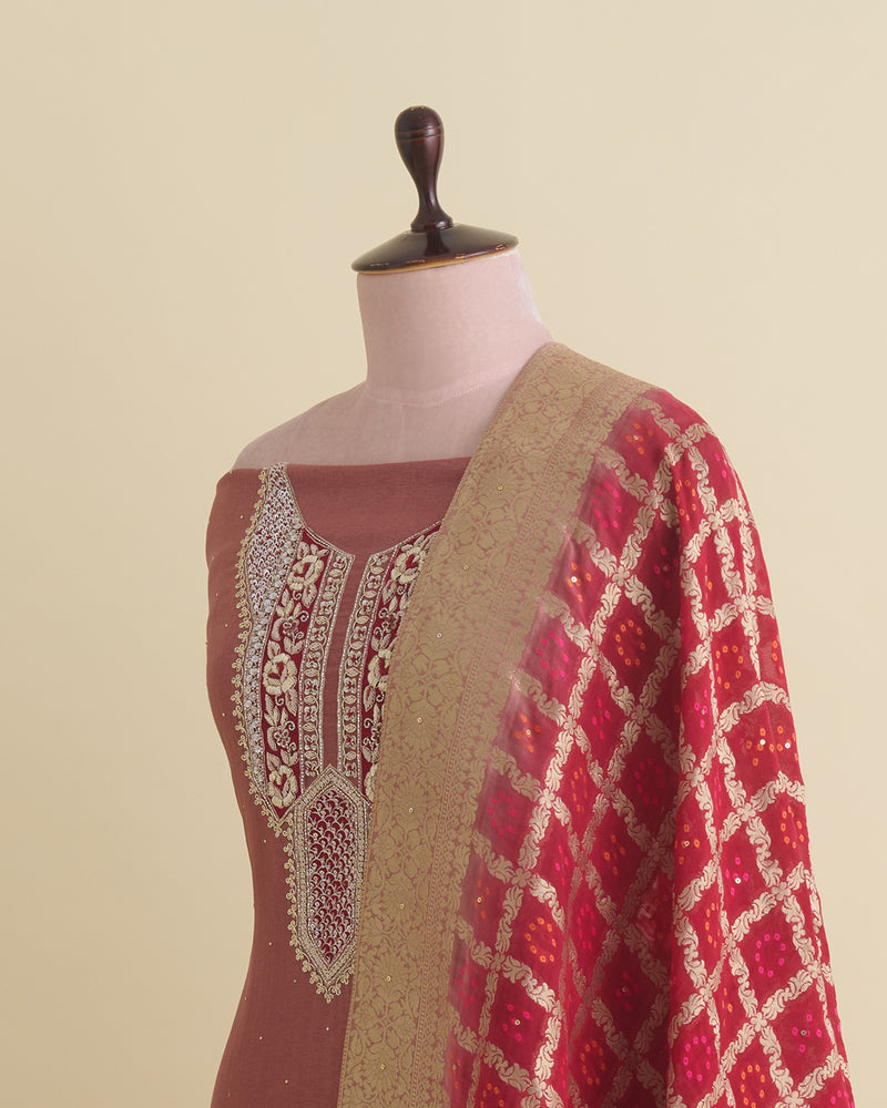 Art Dupion Suit with Zardozi, Sequin & Cutdana Work and Organza Dupatta Marsala