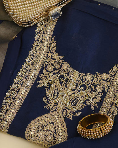 Navy Blue Art Dupion Kurta Set with Sequin, Dori & Pearl Embroidery