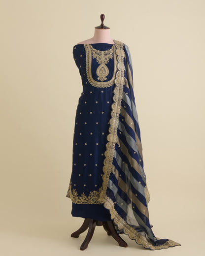Navy Blue Art Dupion Kurta Set with Sequin, Dori & Pearl Embroidery