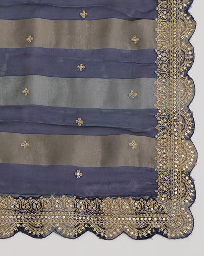 Navy Blue Art Dupion Kurta Set with Sequin, Dori & Pearl Embroidery