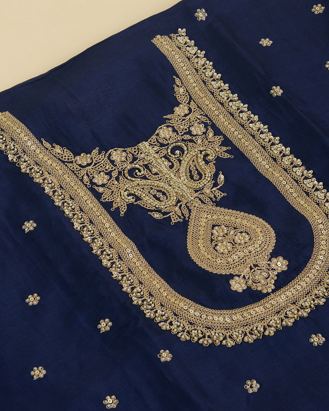 Navy Blue Art Dupion Kurta Set with Sequin, Dori & Pearl Embroidery