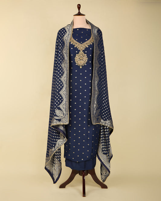 Navy Blue Art Dupion Kurta with Zardozi Embroidery and Georgette Dupatta