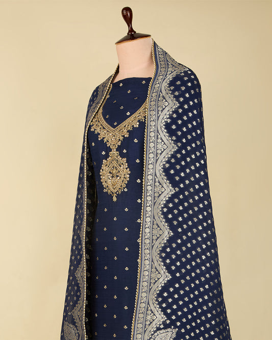 Navy Blue Art Dupion Kurta with Zardozi Work & Georgette Dupatta