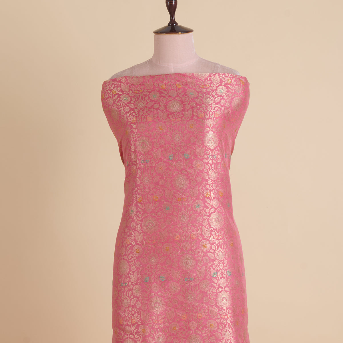 Coral Peach Brocade Jaal Mina Fabric