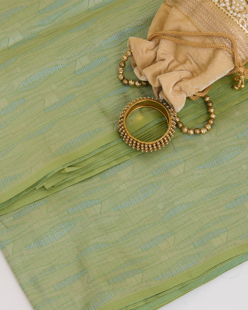Green Brocade Gold Abstract Woven Fabric