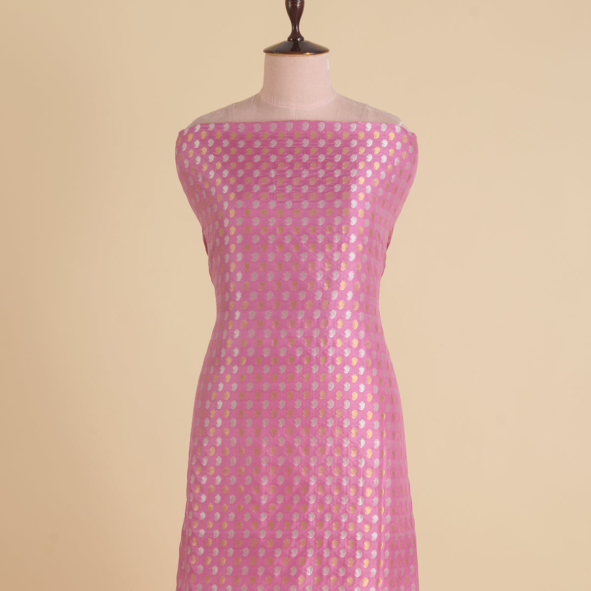 Onion Pink Brocade Gold & Silver Woven Butti Fabric