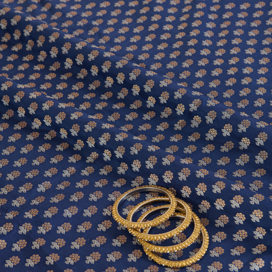 Navy Blue Brocade Gold & Silver Butti Fabric