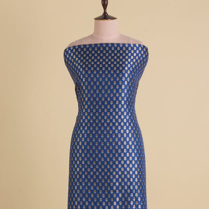 Navy Blue Brocade Gold & Silver Butti Fabric