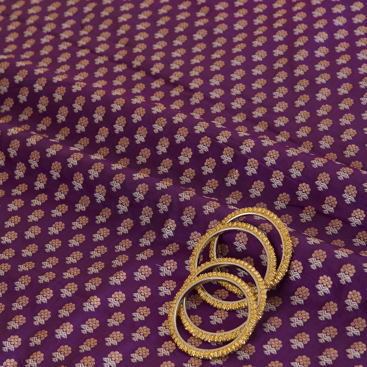 Purple Brocade Gold & Silver Butti Fabric