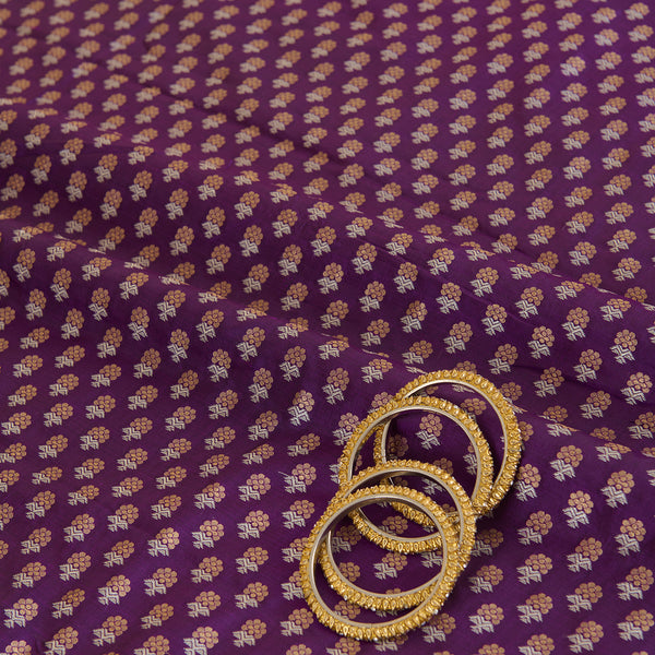 Purple Brocade Gold & Silver Butti Fabric
