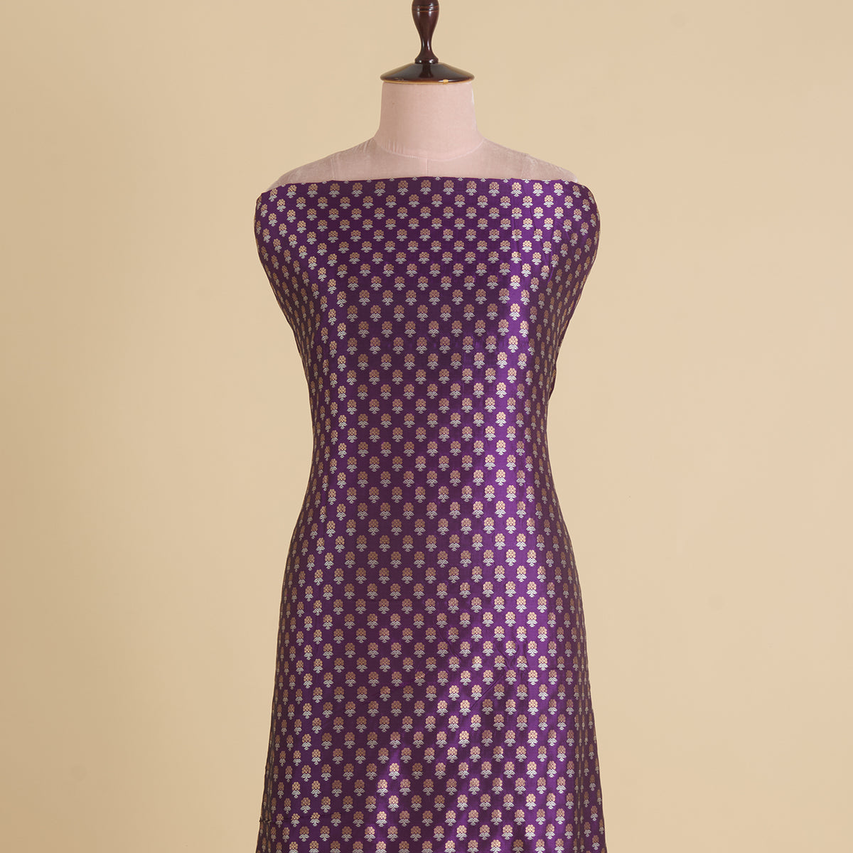 Purple Brocade Gold & Silver Butti Fabric