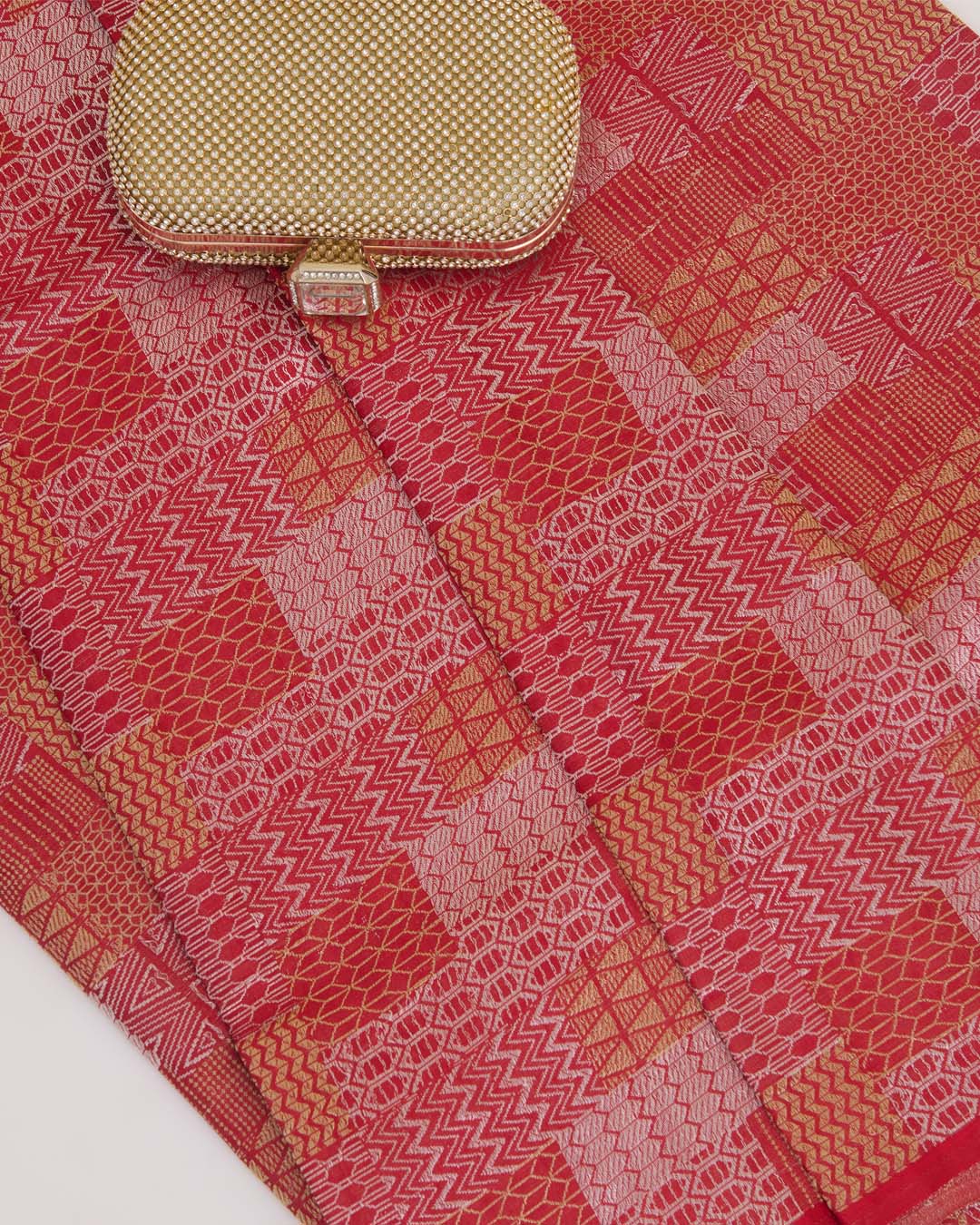 Red Brocade Gold & Silver Abstract Woven Fabric