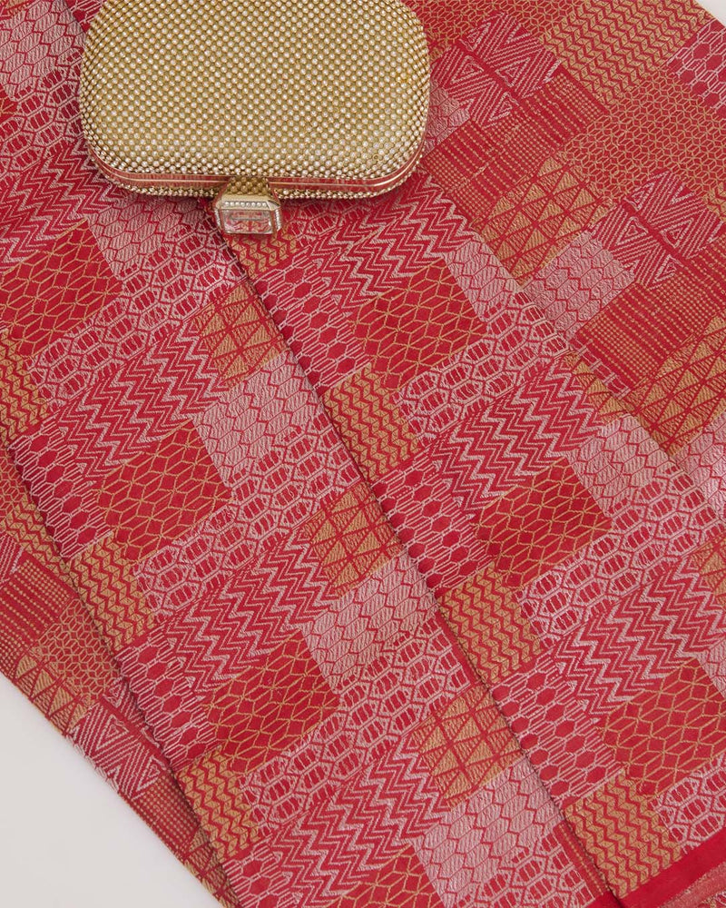 Red Brocade Gold & Silver Abstract Woven Fabric