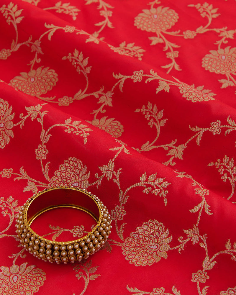 Red Brocade Gold Jaal Mina Fabric
