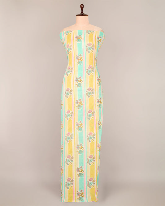 Vandana Aqua and Mustard Cotton Jaipuri Block Stripes Buta Printed Fabric