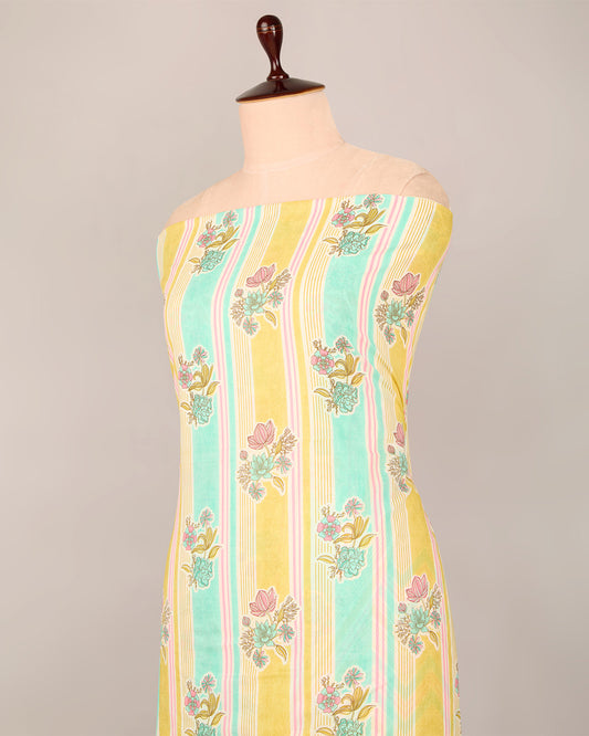 Aqua Mustard Cotton Jaipuri Block Stripes & Buta Fabric