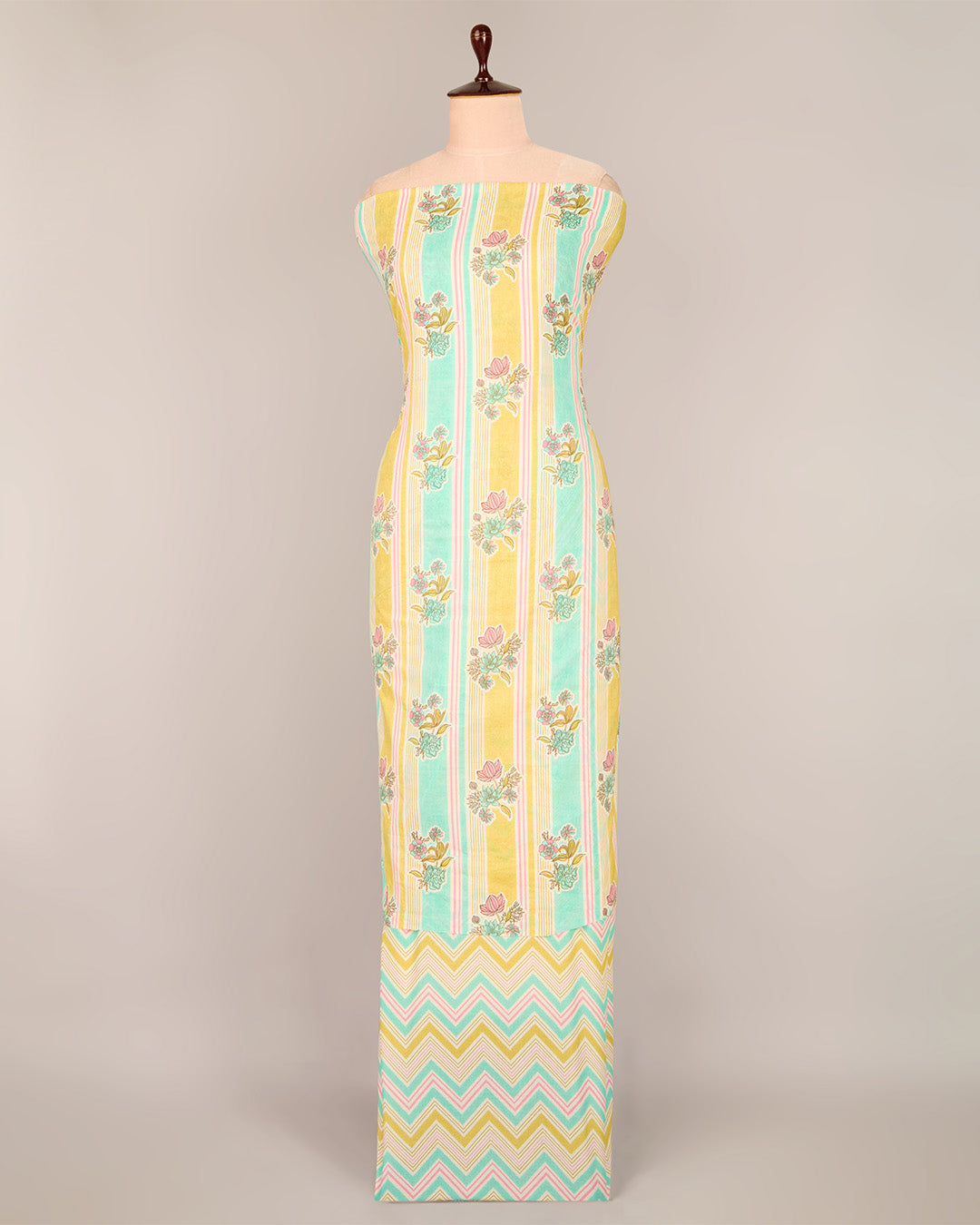 Aqua Mustard Cotton Jaipuri Block Stripes & Buta Fabric