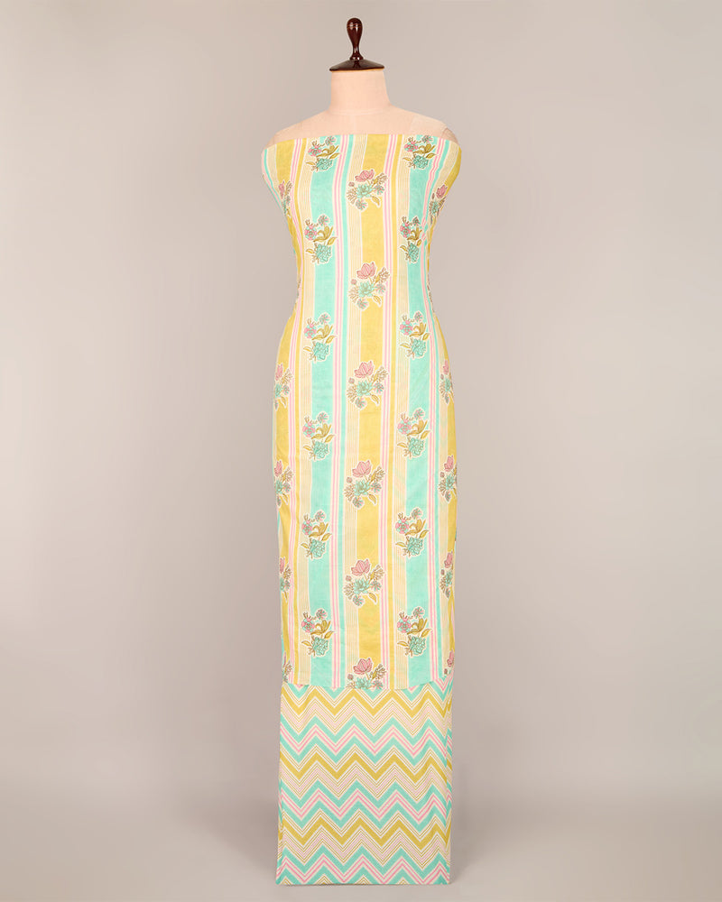 Aqua Mustard Cotton Jaipuri Block Stripes & Buta Fabric