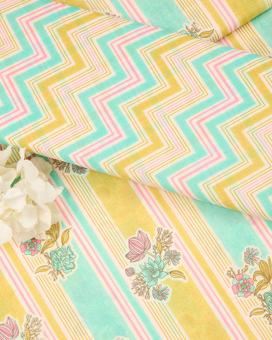 Aqua Mustard Cotton Zig Zag Printed Fabric