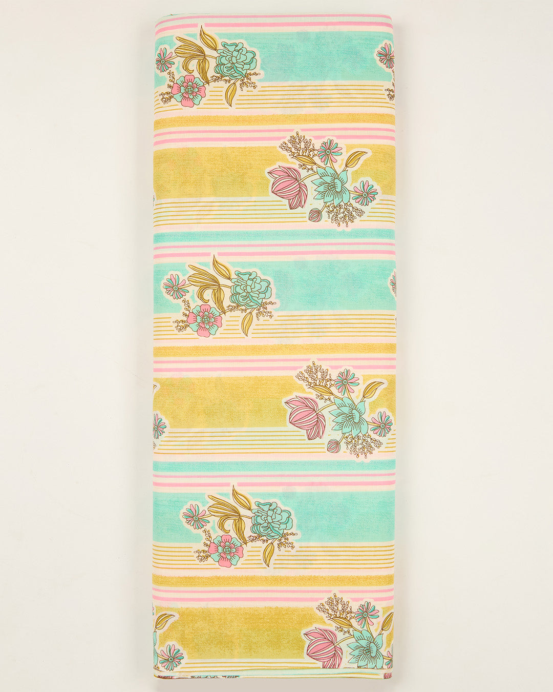 Aqua Mustard Cotton Jaipuri Block Stripes & Buta Fabric