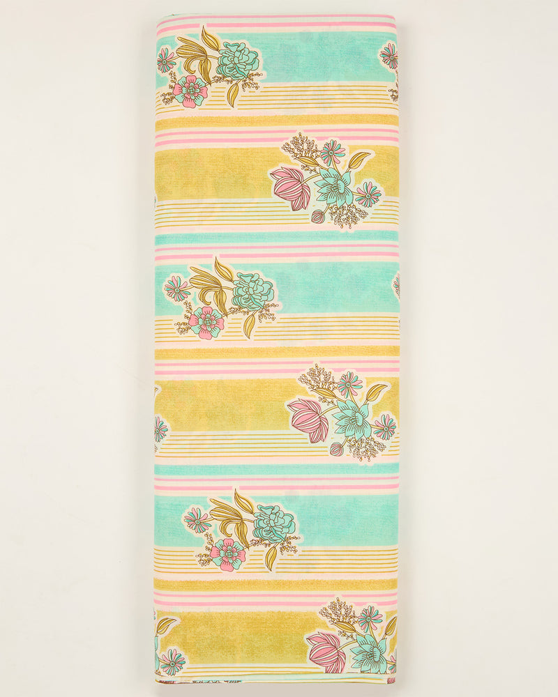 Aqua Mustard Cotton Jaipuri Block Stripes & Buta Fabric