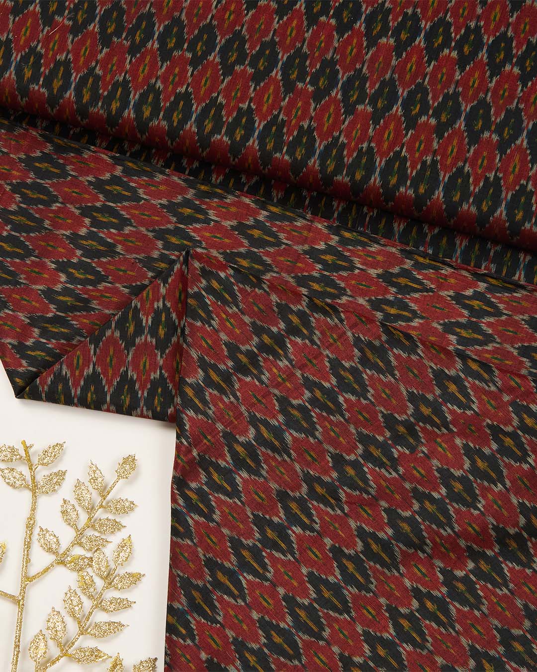 Cotton Silk Ikat Handcrafted Fabric in Red & Black