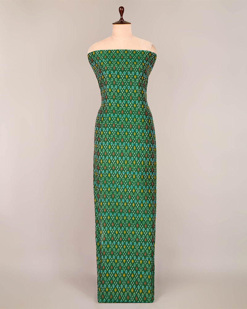 Bottle Green Cotton Silk Ikat Fabric with Traditional Handwoven Pattern