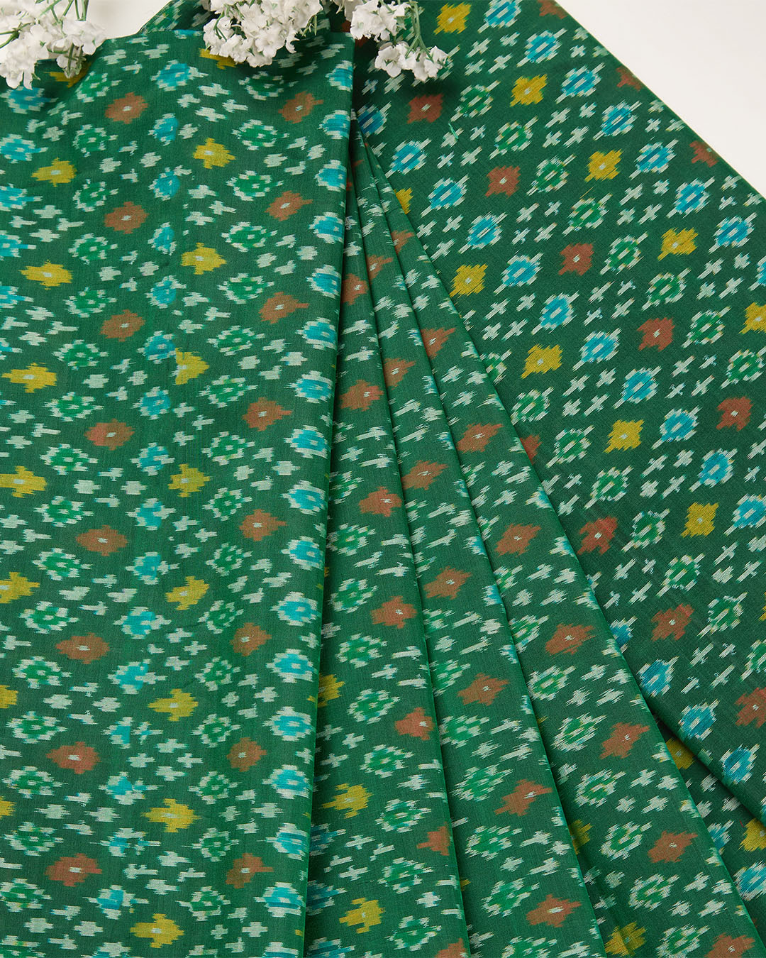 Bottle Green Cotton Silk Ikat Fabric