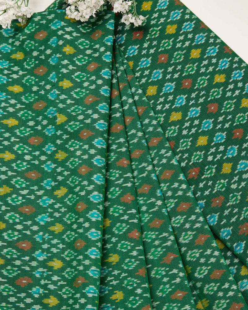 Bottle Green Cotton Silk Ikat Fabric
