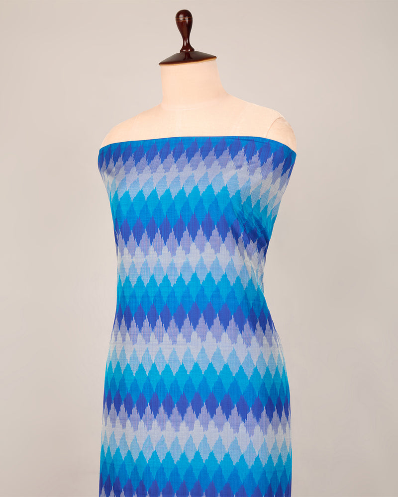 Blue Cotton Silk Ikat Geometric Fabric