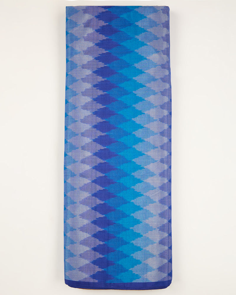 Blue Cotton Silk Ikat Geometric Fabric