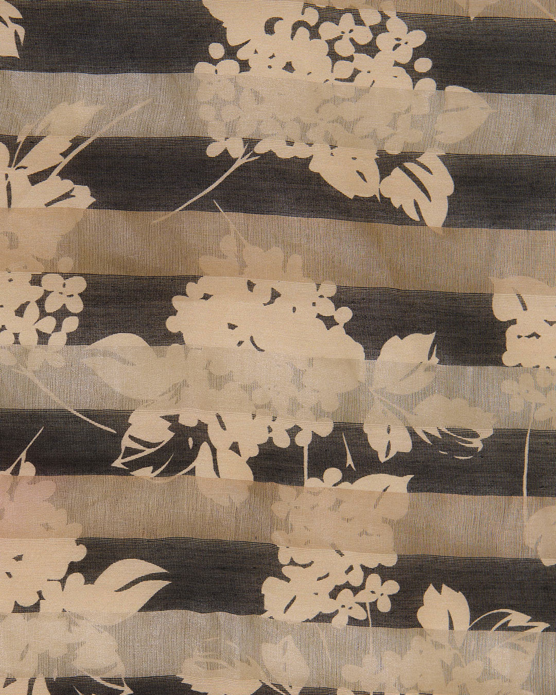 Black Chanderi Floral Printed Gold Silver Stripes Fabric