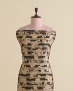 Black Chanderi Floral Printed Gold Silver Stripes Fabric