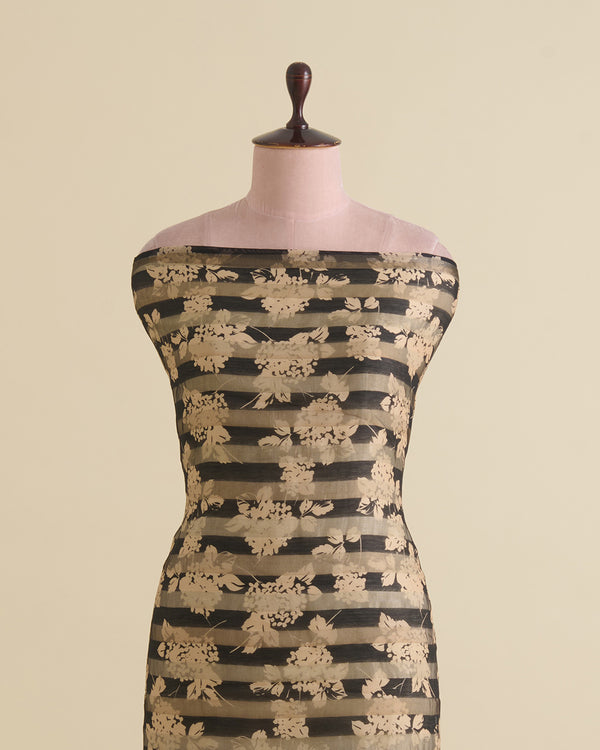 Black Chanderi Floral Printed Gold Silver Stripes Fabric