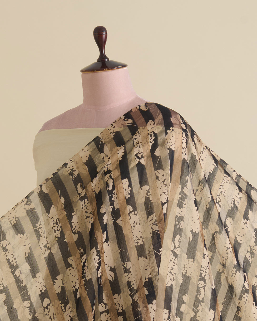 Black Chanderi Floral Printed Gold Silver Stripes Fabric