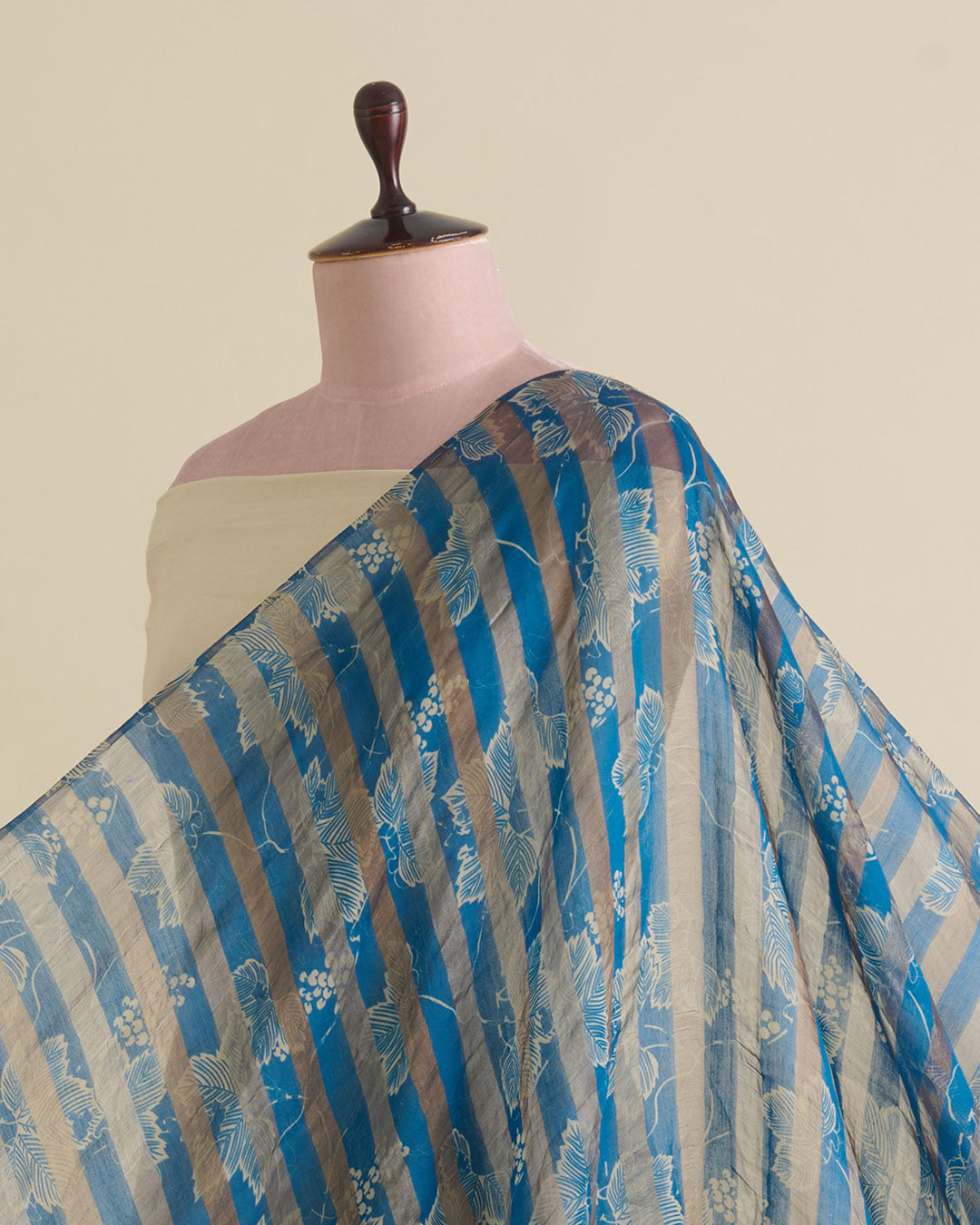 Blue Chanderi Floral Printed Gold Silver Stripe Fabric
