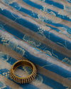 Blue Chanderi Floral Printed Gold Silver Stripe Fabric