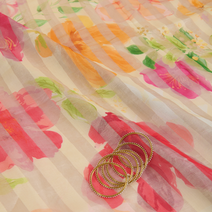 Beige Chanderi Printed Fabric with Tissue Stripes