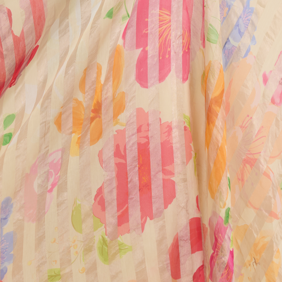 Beige Chanderi Printed Fabric with Tissue Stripes